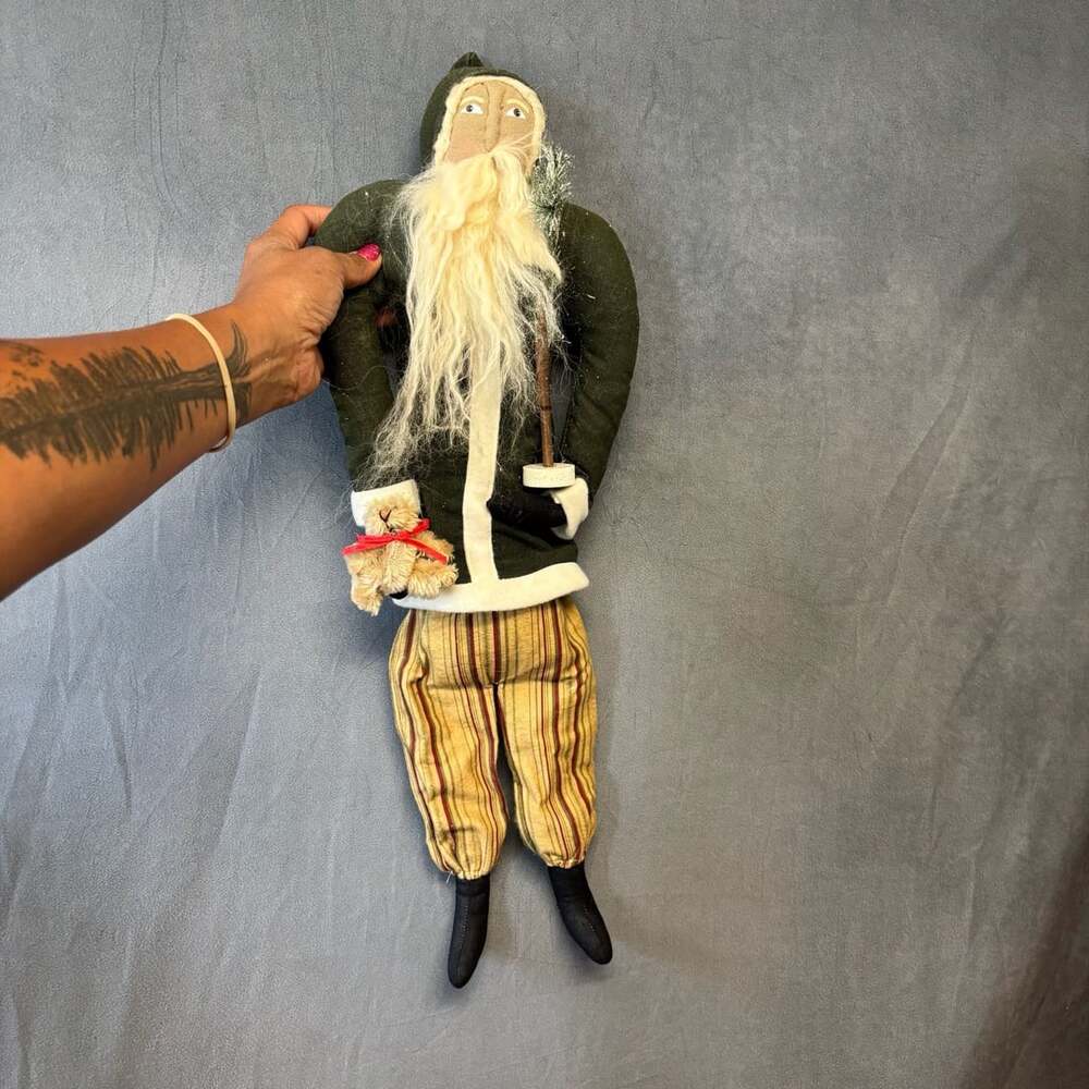 Sharon Andrews Folk Art Primitive Santa Doll Green Coat Striped Pants